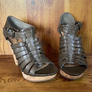 Mia Strappy Brown Sandals, Heels, Cork‎ Heels, Adjustable Strap, size 7.5